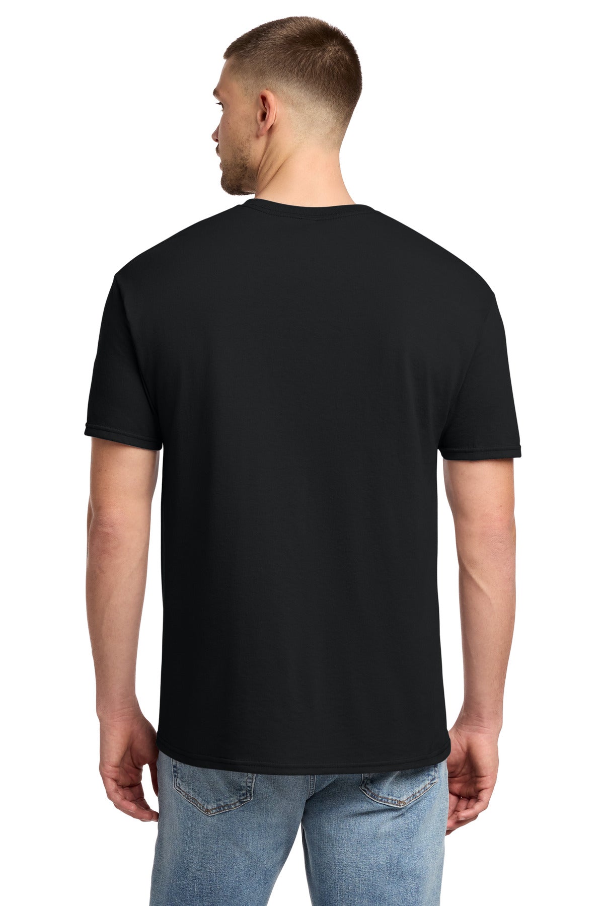 Jerzees 29M 50/50 blend t-shirt in black — back view on model — blank garment we custom DTF print on — Mabuhay Designs Jacksonville NC