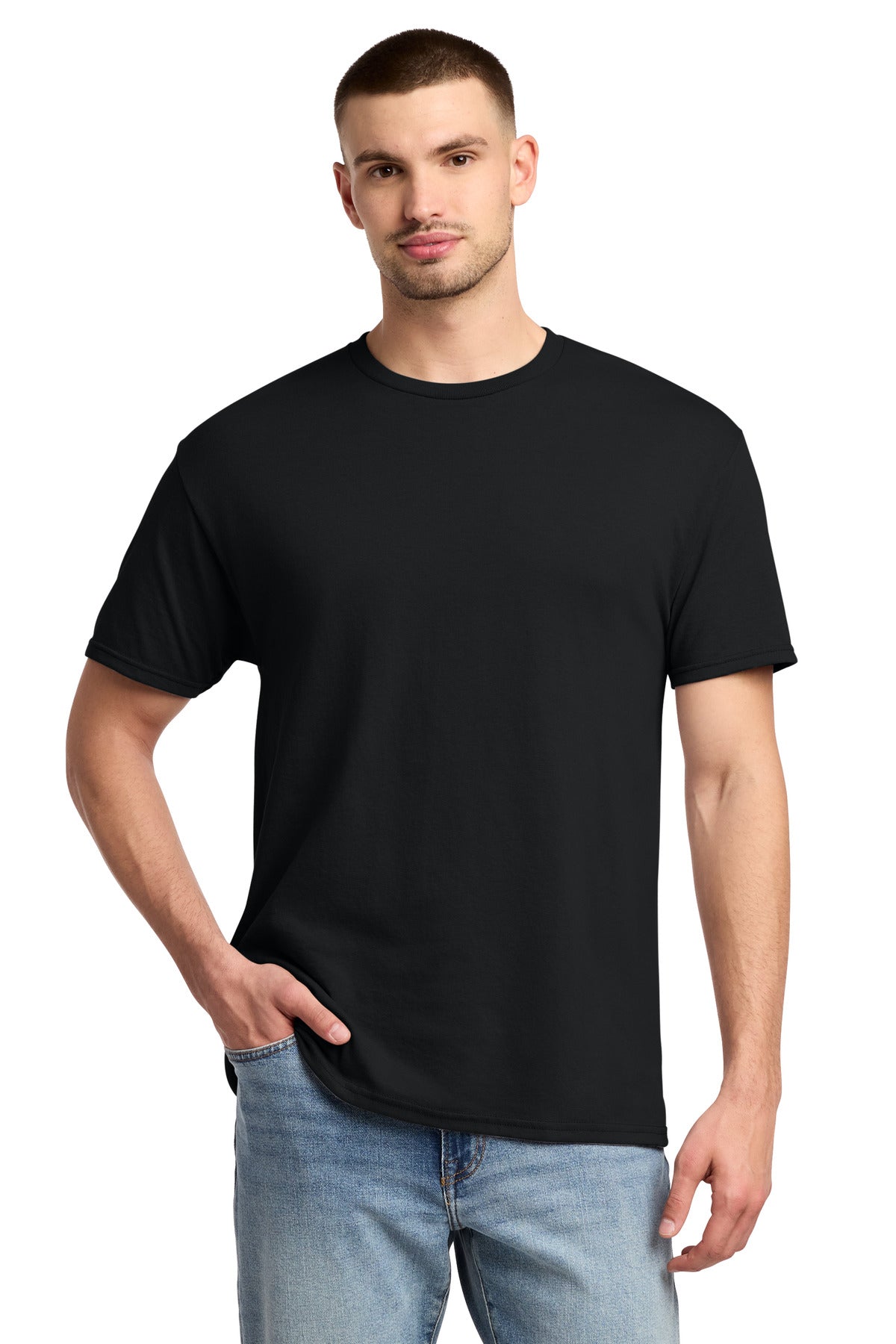 Jerzees 29M 50/50 blend t-shirt in black — front view on model — blank garment we custom DTF print on — Mabuhay Designs Jacksonville NC