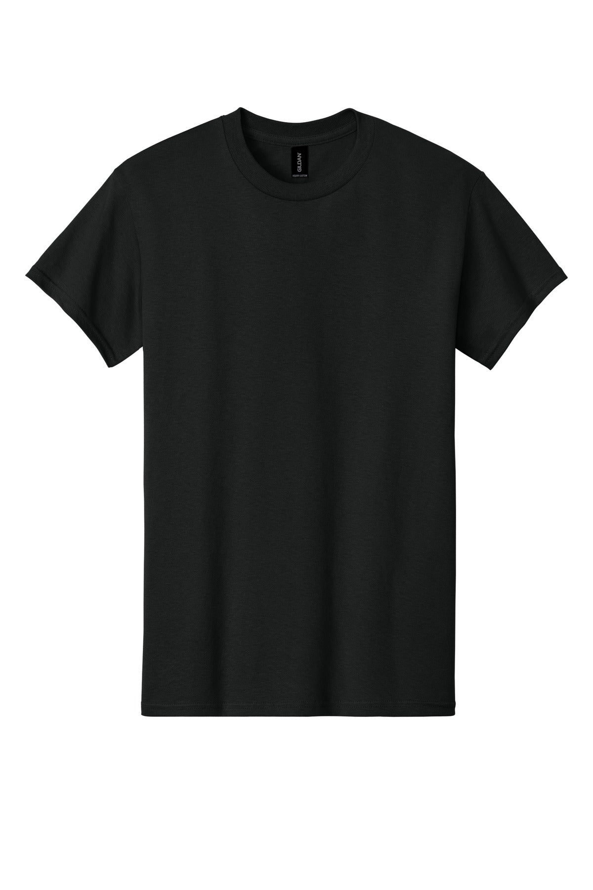 Gildan 5000 Heavy Cotton t-shirt in black — flat lay front — blank garment we custom DTF print on — Mabuhay Designs Jacksonville NC