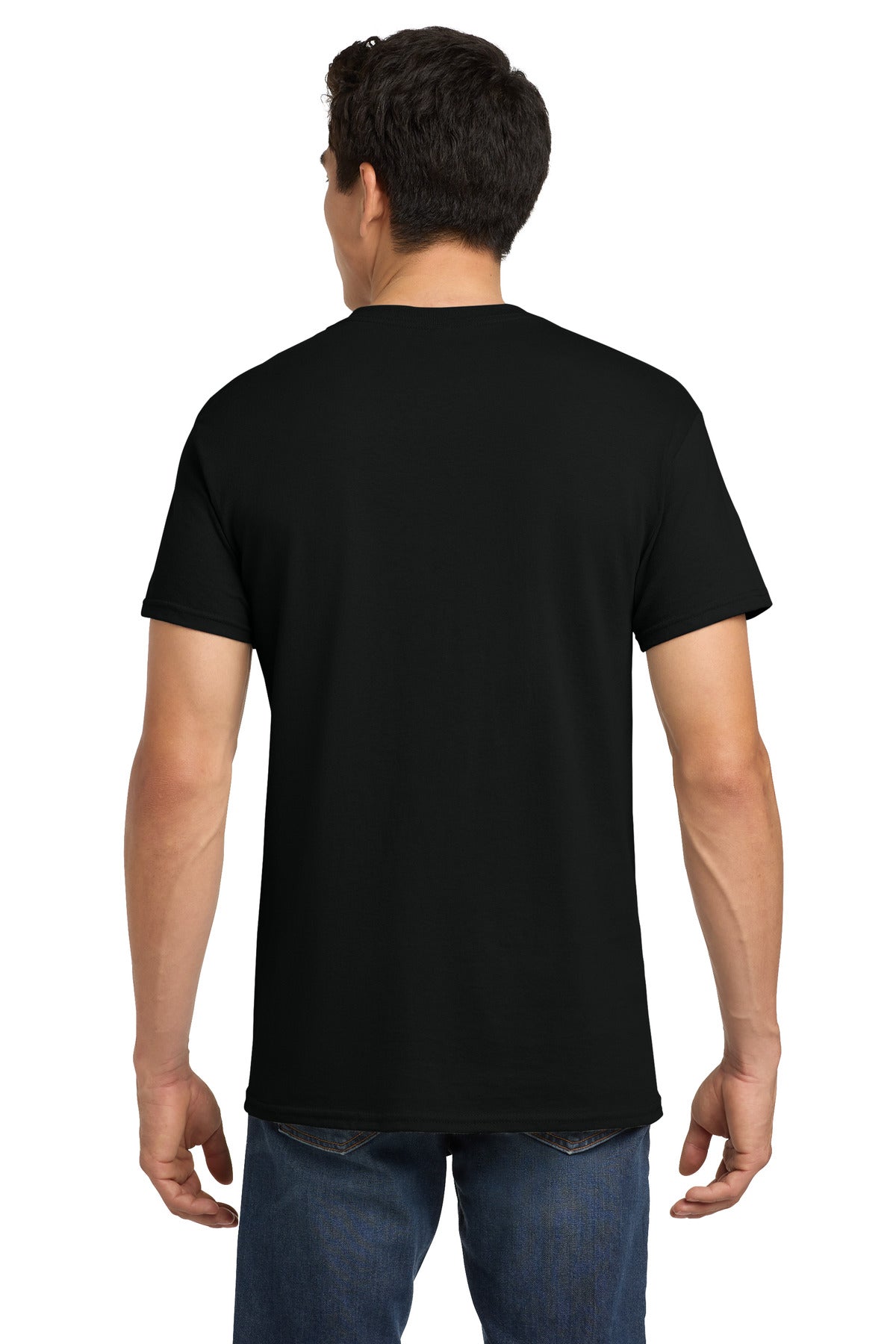 Gildan 5000 Heavy Cotton t-shirt in black — back view on model — blank garment we custom DTF print on — Mabuhay Designs Jacksonville NC