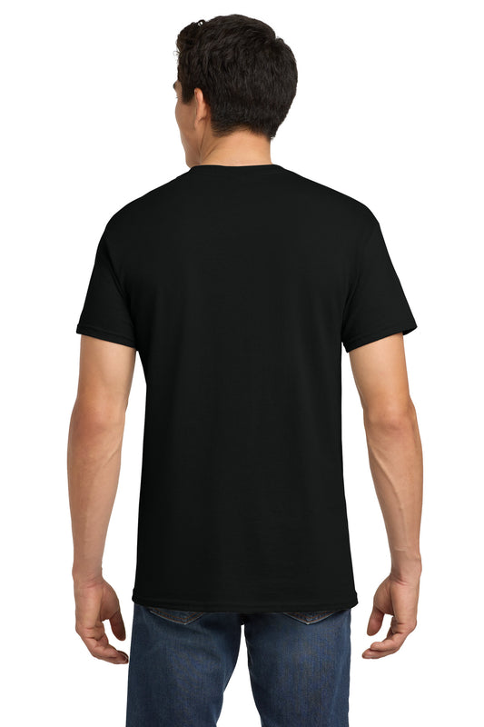 Gildan 5000 Heavy Cotton t-shirt in black — back view on model — blank garment we custom DTF print on — Mabuhay Designs Jacksonville NC