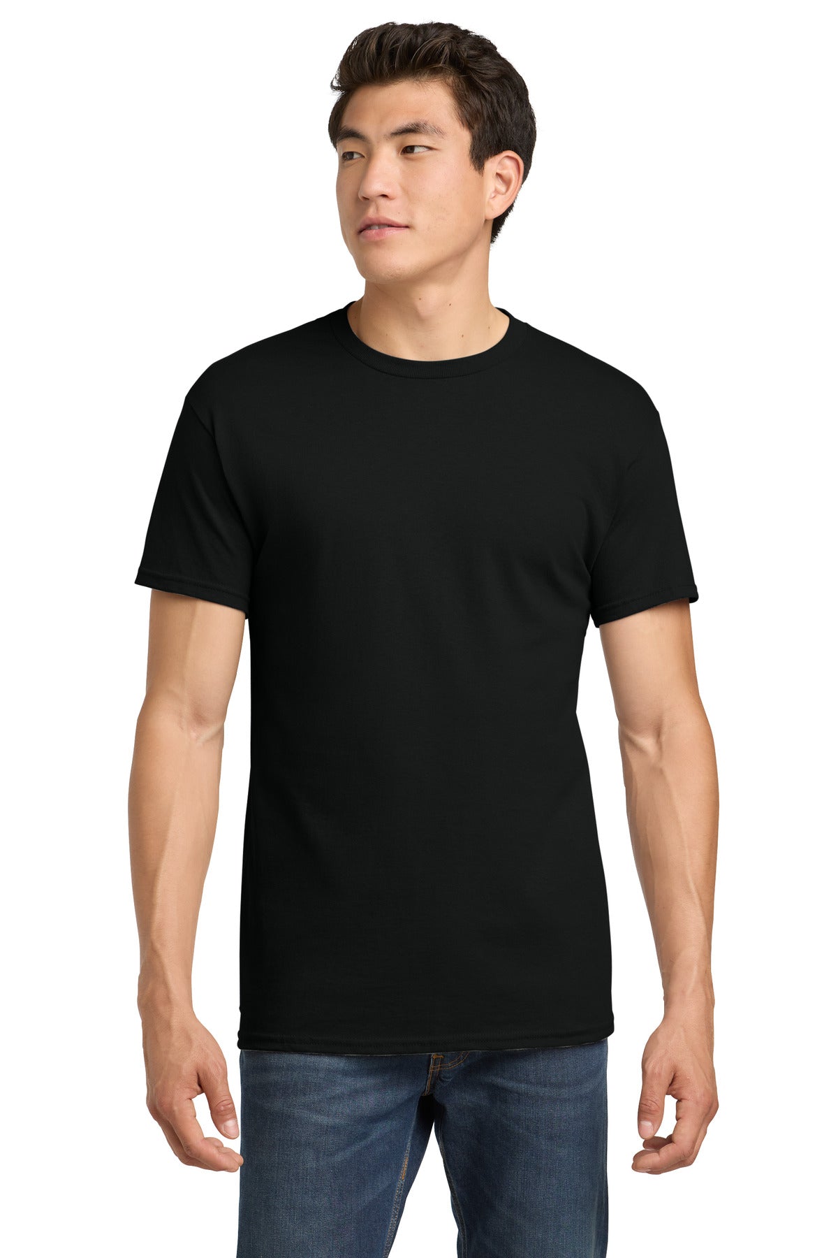 Gildan 5000 Heavy Cotton t-shirt in black — front view on model — blank garment we custom DTF print on — Mabuhay Designs Jacksonville NC