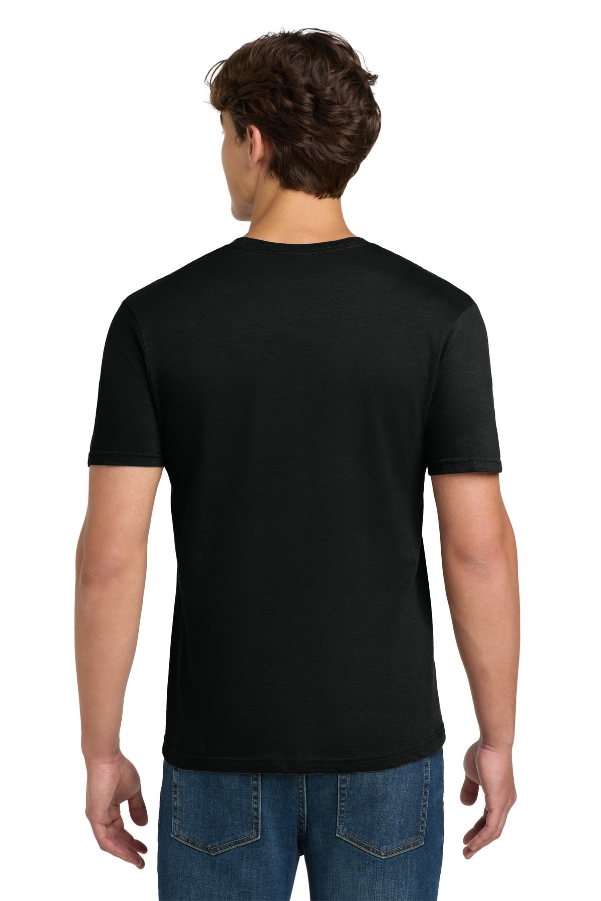 Gildan 64000 Softstyle t-shirt in black — back view on model — blank garment we custom DTF print on — Mabuhay Designs Jacksonville NC