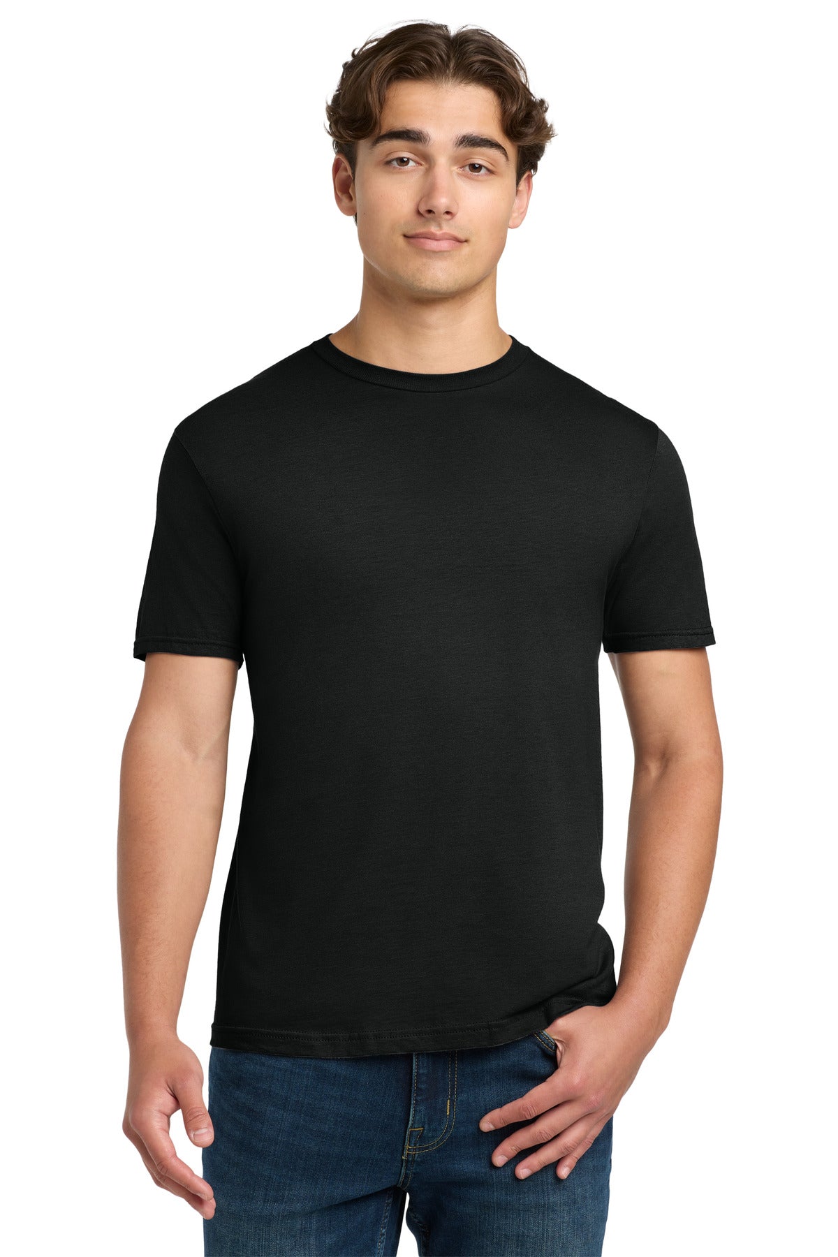 Gildan 64000 Softstyle t-shirt in black — front view on model — blank garment we custom DTF print on — Mabuhay Designs Jacksonville NC