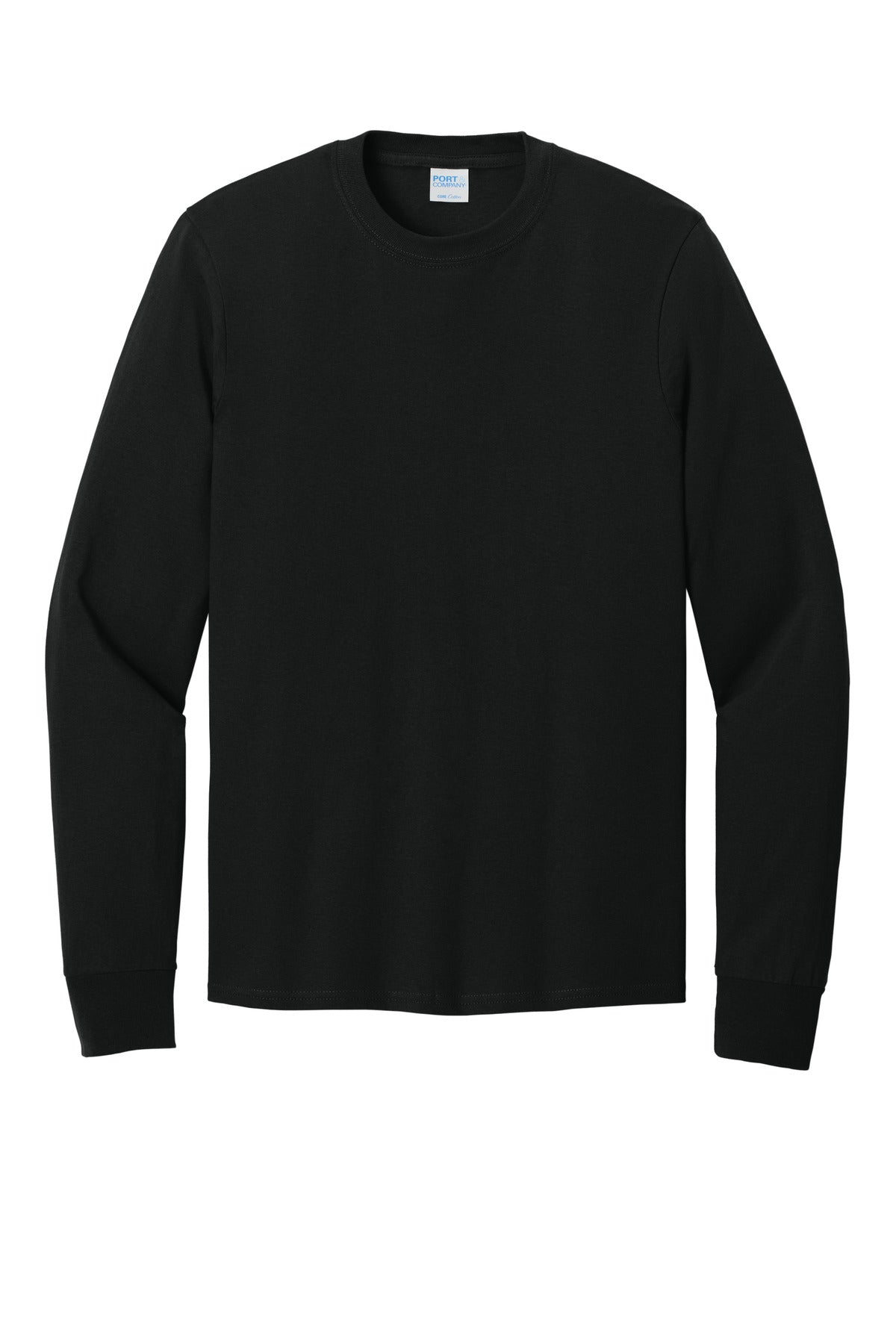 Port & Company Core Cotton Long Sleeve blank in jet black — flat front — sold by the case at Mabuhay Designs Jacksonville NC