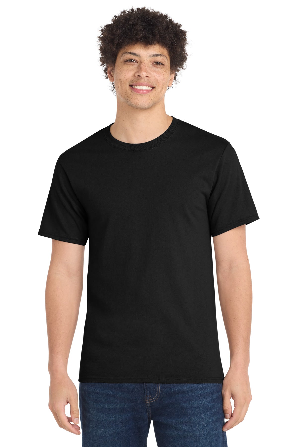 Port & Company Essential Tee blank in jet black — front — sold by the case at Mabuhay Designs Jacksonville NC