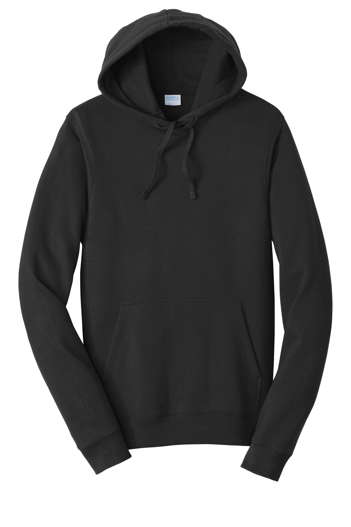 Port & Company Fan Favorite Fleece Hoodie blank in jet black — flat front — sold by the case at Mabuhay Designs Jacksonville NC