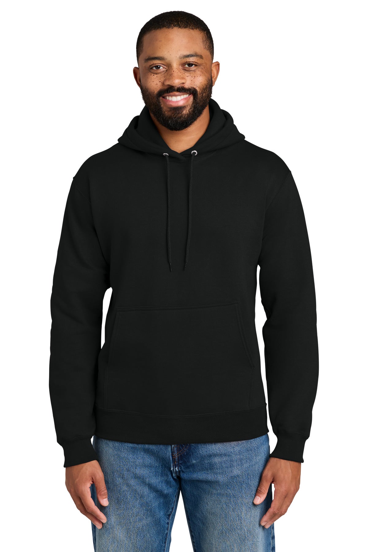 Port & Company Essential Fleece Hoodie blank in jet black — front — sold by the case at Mabuhay Designs Jacksonville NC