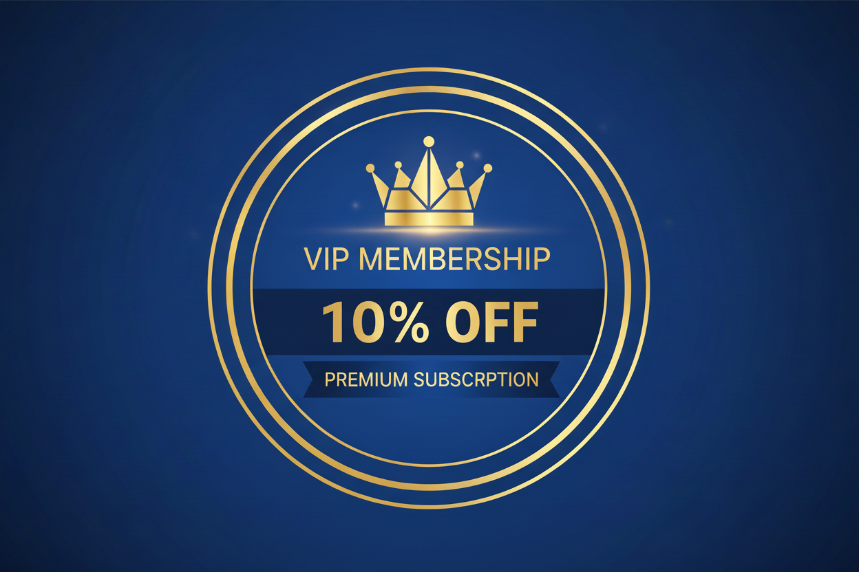 VIP membership badge, gold crown, 10% off text, premium subscription, modern flat design, professional, blue and gold colors